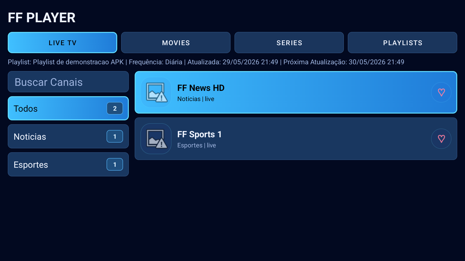Print real da tela inicial do APK Android TV com categorias, grupos e canais