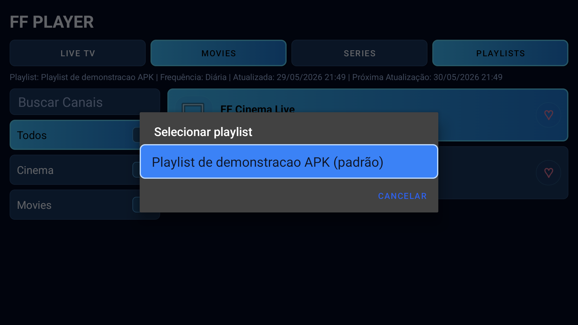 Print real do seletor de playlists do APK