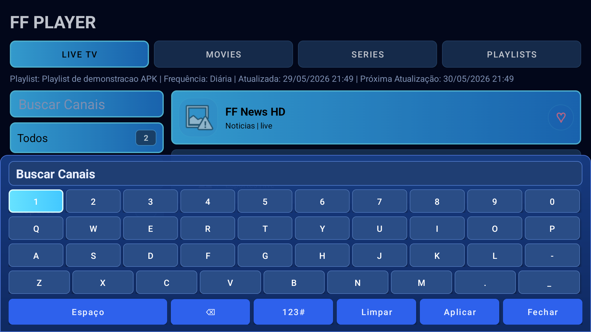 Print real do teclado de busca do APK Android TV